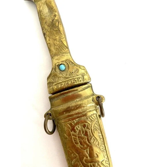 VTG Antique Nazareth Brass Engraved Fish Men Jewels Knife 4” Blade With Casing